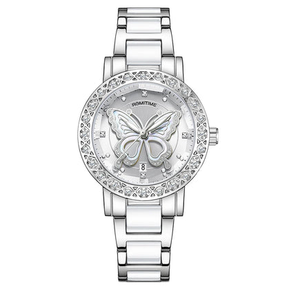 ROMITIME Women Quartz Watch Luxury Butterfly Pattern Rhinestone-Encrusted Bezel Stainless Steel Case 30M Waterproof Watches Lady