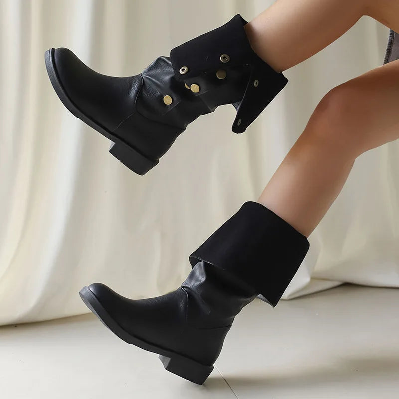 Retro Rivet Low Heel High Tube Motorcycle Boots