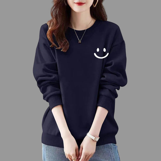 Smiley Face Print Teddy Fleece Lined Sweatshirt