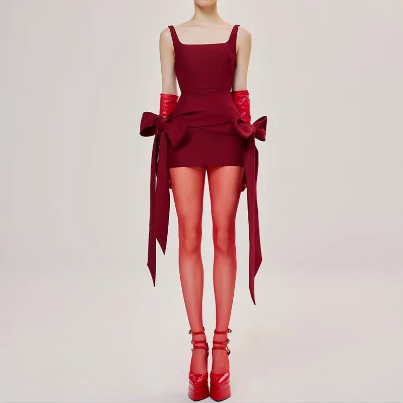 Red Sleeveless Backless Bow Dress