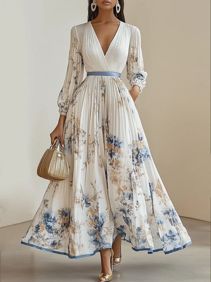Bohemian Summer Beach Dress Sleeveless Floral Print V-Neck Flowy Maxi Dress for Women Resort Holiday Party Casual Outfit Fashion