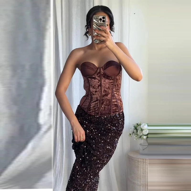 Elegant Sleeveless Backless Vest Hip Package Maxi Skirts Suit