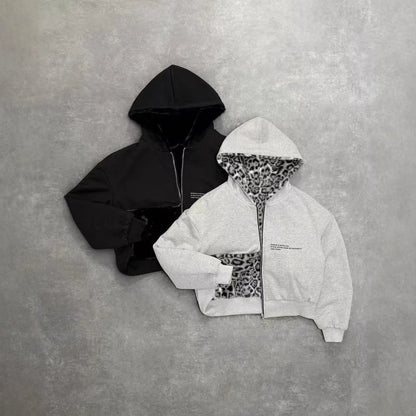 2025 European and American new autumn and winter collection hooded sweatshirt with reversible retro leopard print zipper hoodie