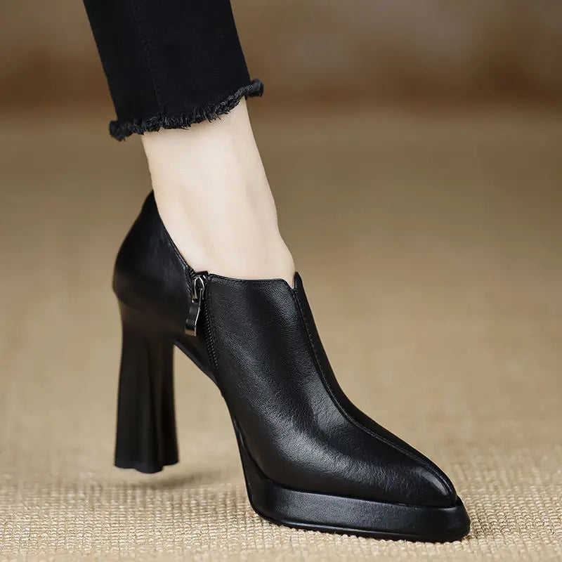 Magnificent Pointed-Toe Mary Jane Shoes – Low Thick Heel PU Leather Pumps