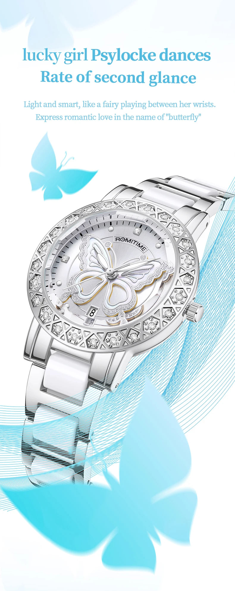 ROMITIME Women Quartz Watch Luxury Butterfly Pattern Rhinestone-Encrusted Bezel Stainless Steel Case 30M Waterproof Watches Lady