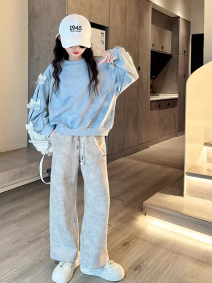 Top & Pants 2-Piece Set Bow Sweatshirt Girl Two Skirt Elementary Student Clothes Autumn Winter Outfit Children's Clothing Girls