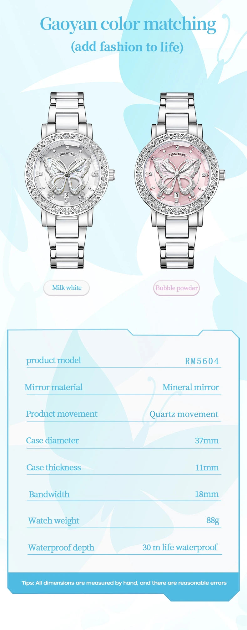 ROMITIME Women Quartz Watch Luxury Butterfly Pattern Rhinestone-Encrusted Bezel Stainless Steel Case 30M Waterproof Watches Lady