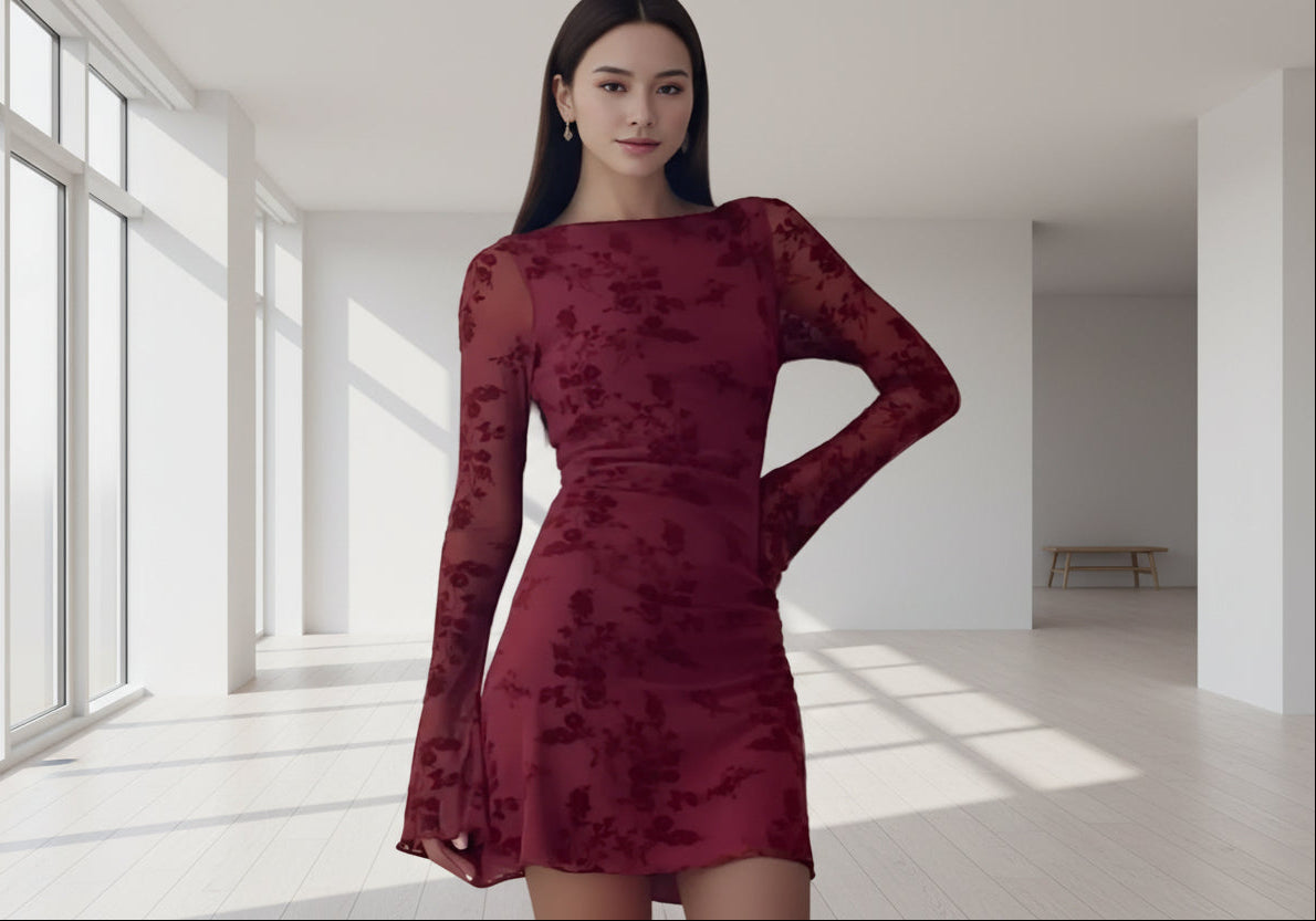 Luxury Wine Red Flocked Flower Mesh Mini Dress