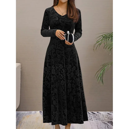 Elegant Velvet Midi Dress – Round Neck Long Sleeve Knee-Length Dress