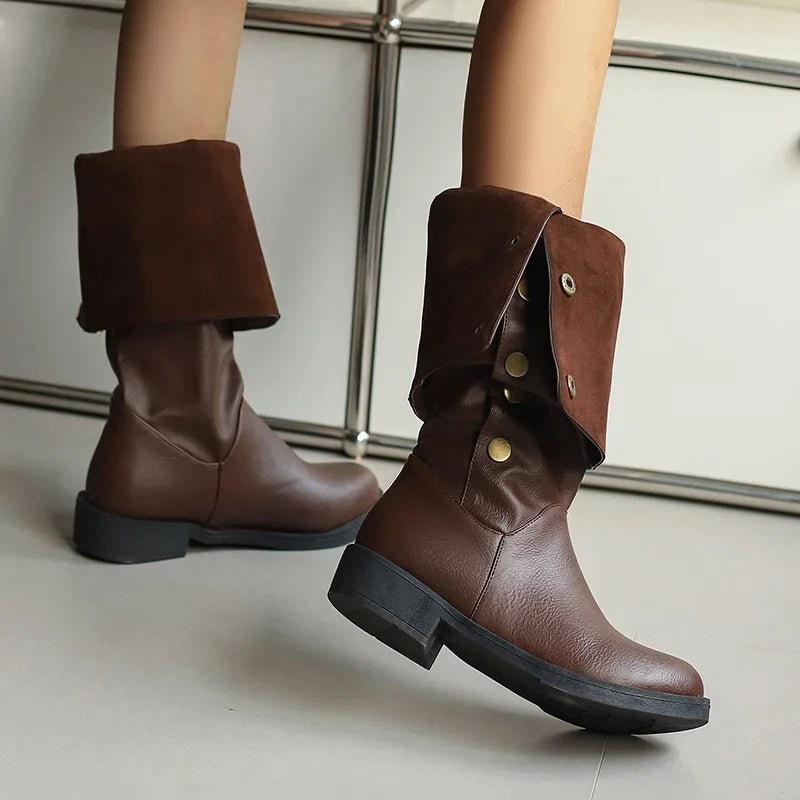 Retro Rivet Low Heel High Tube Motorcycle Boots