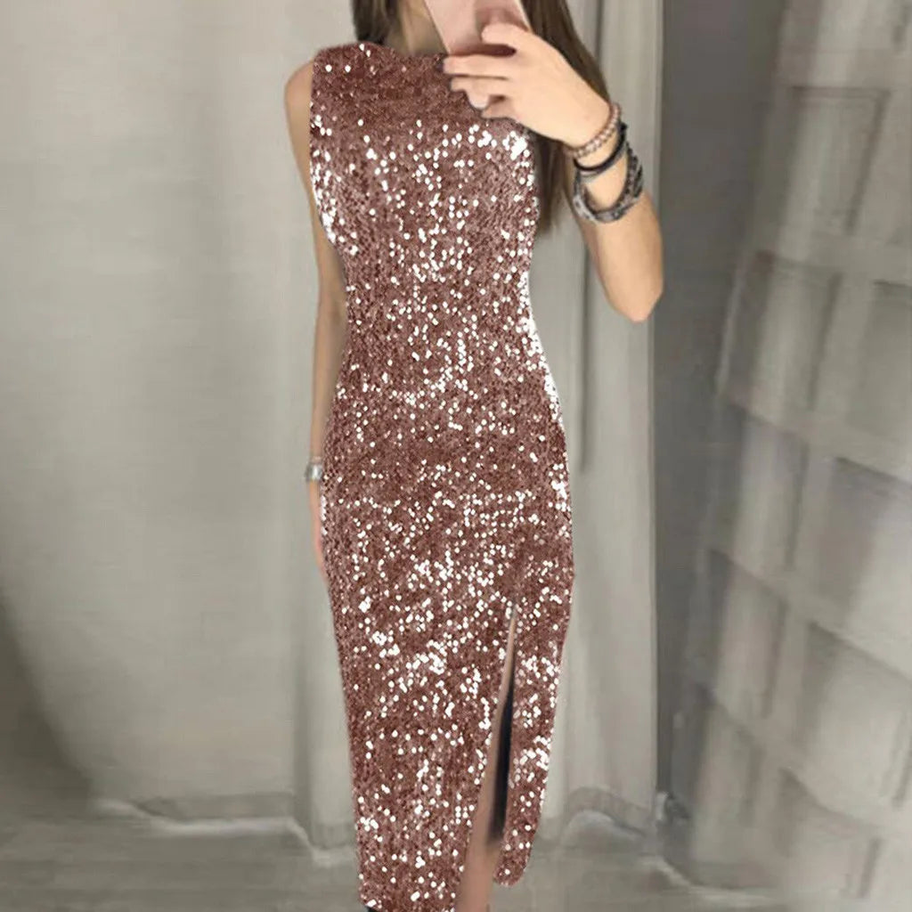 Glittering High-Waist Split Dress – Sleeveless Clubwear