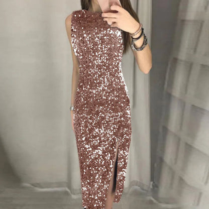 Glittering High-Waist Split Dress – Sleeveless Clubwear