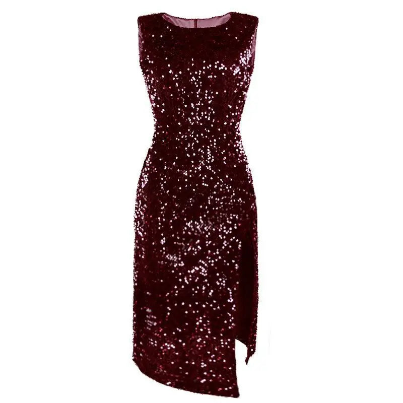 Glittering High-Waist Split Dress – Sleeveless Clubwear
