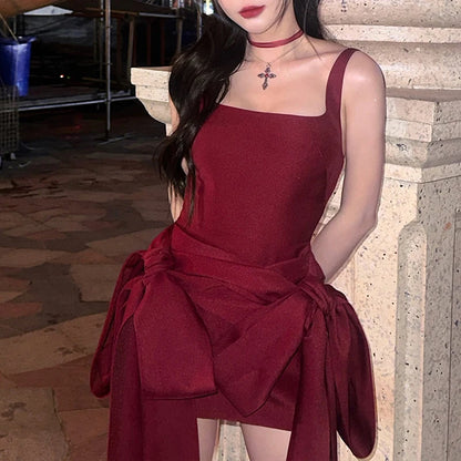 Red Sleeveless Backless Bow Dress