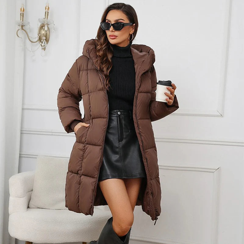 Chic Hooded Plaid Puffer Coat for Women – Warm Winter Layer