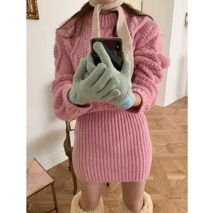 Autumn and Winter Women's Sweater Set Elegant Round Neck Pullover, Long-sleeved Top and Knee Skirt Knitted Two-piece Set.