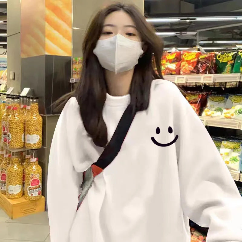 Smiley Face Print Teddy Fleece Lined Sweatshirt