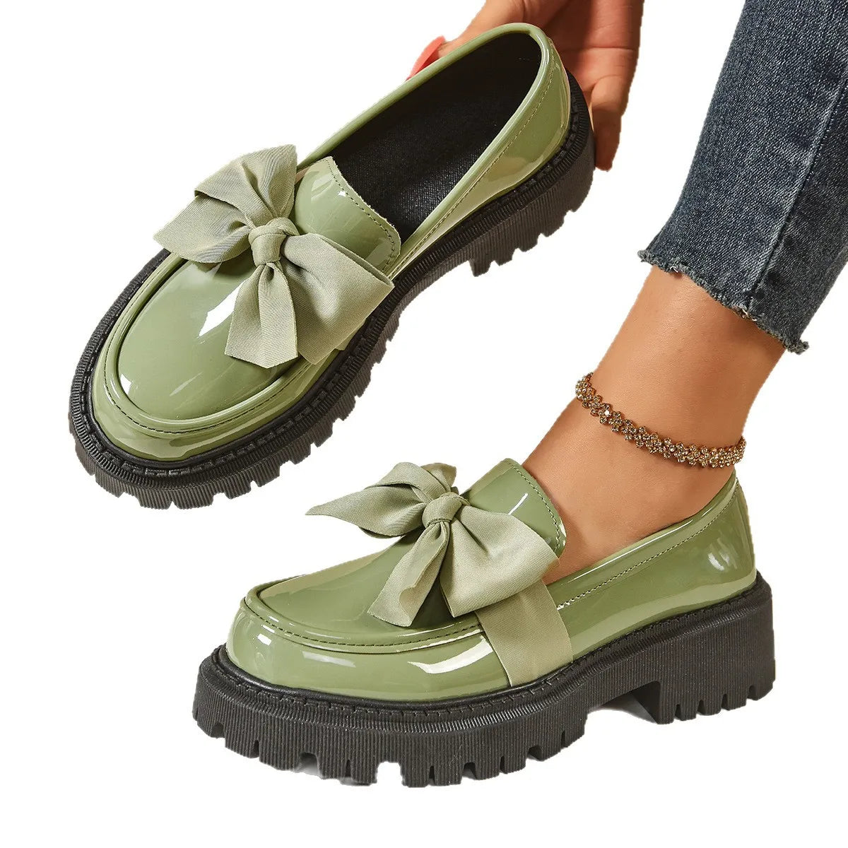 Retro British Style Leather Flats – Butterfly Bow Mid Heel