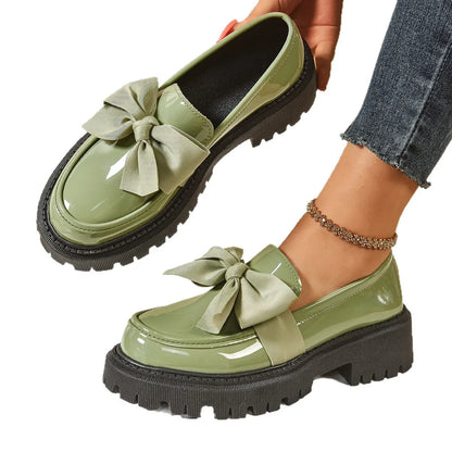 Retro British Style Leather Flats – Butterfly Bow Mid Heel