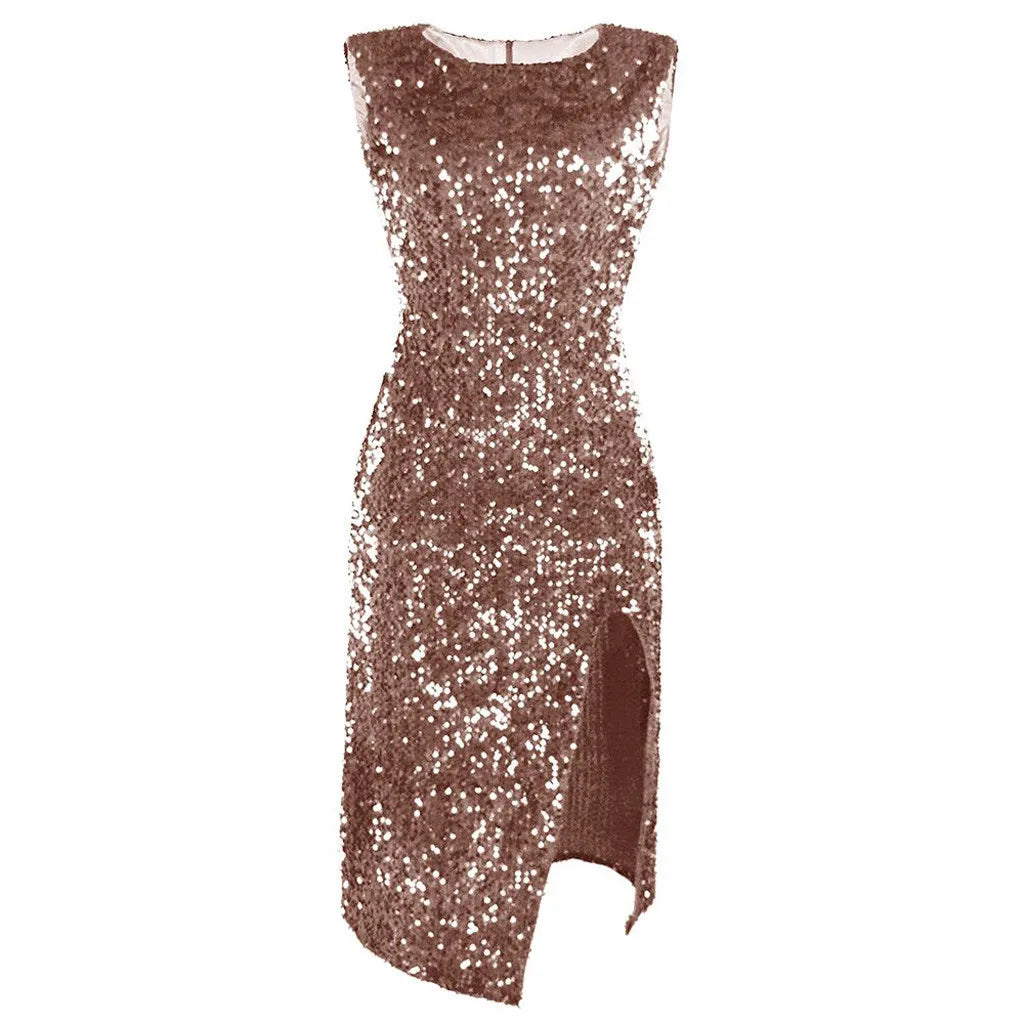 Glittering High-Waist Split Dress – Sleeveless Clubwear