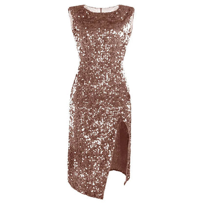Glittering High-Waist Split Dress – Sleeveless Clubwear