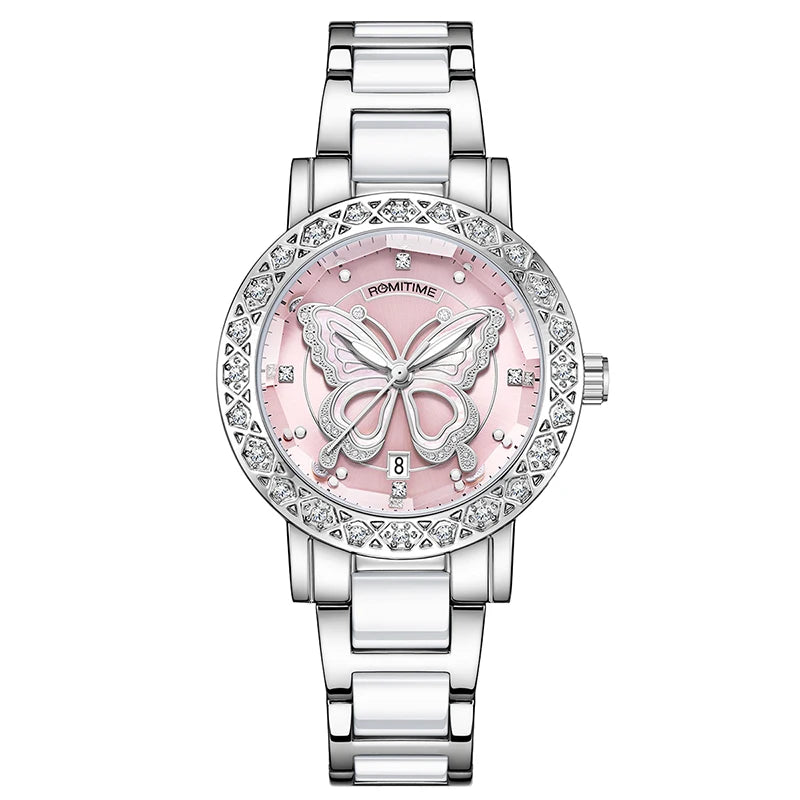 ROMITIME Women Quartz Watch Luxury Butterfly Pattern Rhinestone-Encrusted Bezel Stainless Steel Case 30M Waterproof Watches Lady