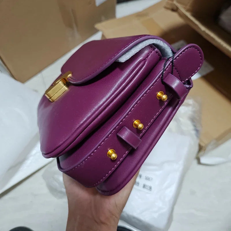 “Women’s Vintage Preppy Messenger Bag – Luxury Genuine Leather Envelope Shoulder Briefcase in Purple”