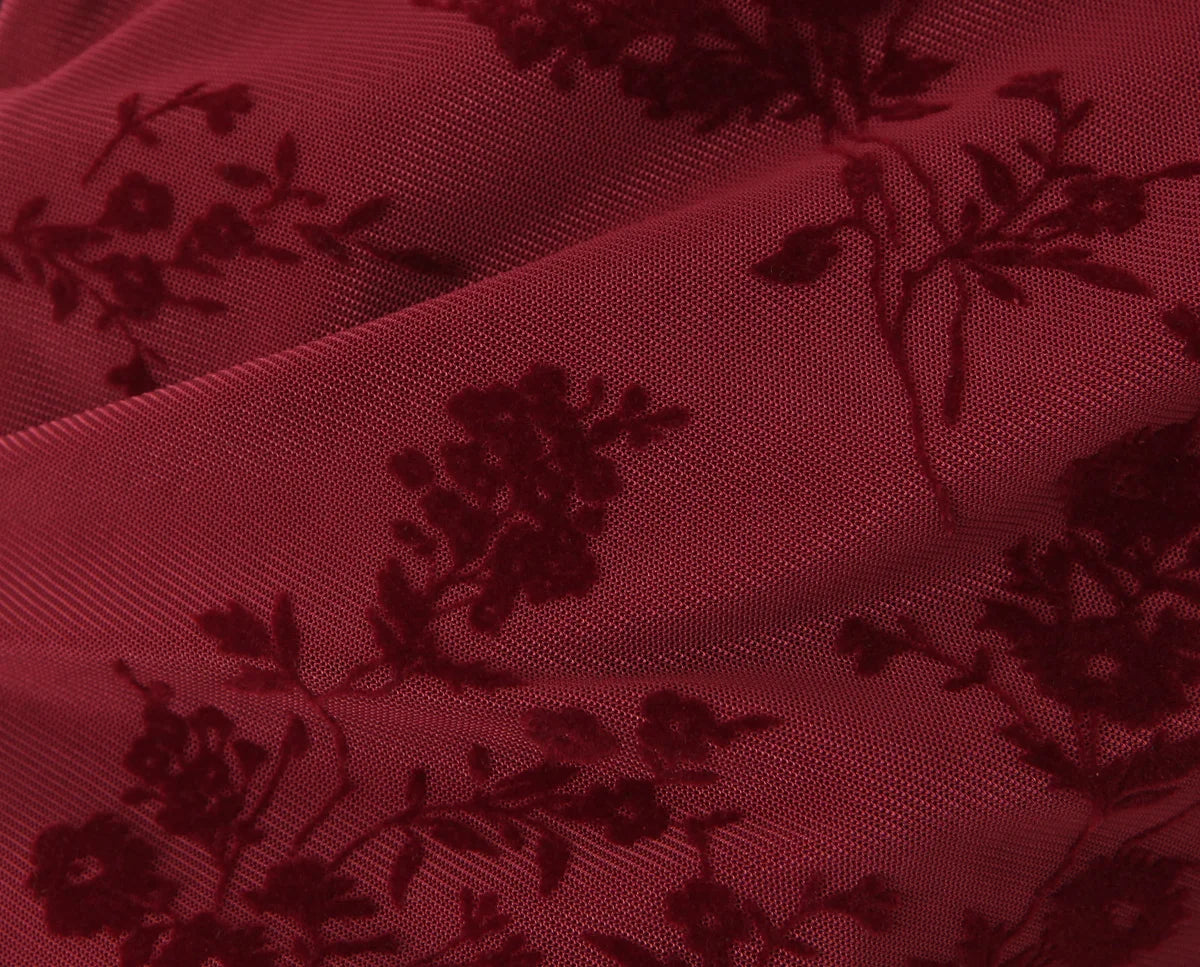 Luxury Wine Red Flocked Flower Mesh Mini Dress