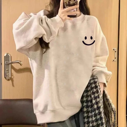 Smiley Face Print Teddy Fleece Lined Sweatshirt