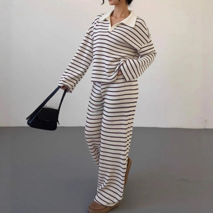 Women’s Knitted Striped Shirt & Pants Set – Casual Loose Fit