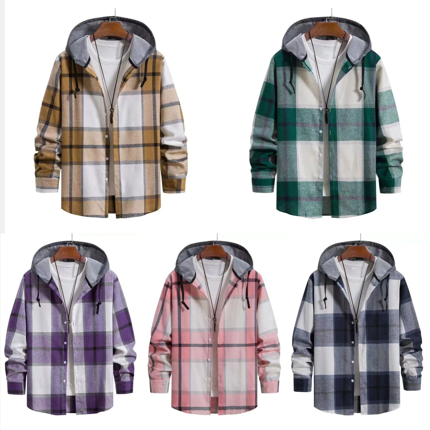 Men's Plaid Long Sleve hooded-shirt