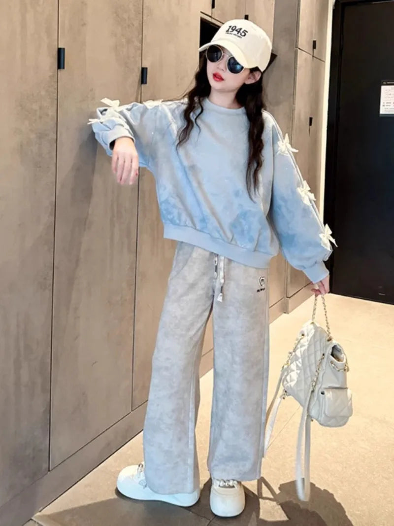 Top & Pants 2-Piece Set Bow Sweatshirt Girl Two Skirt Elementary Student Clothes Autumn Winter Outfit Children's Clothing Girls