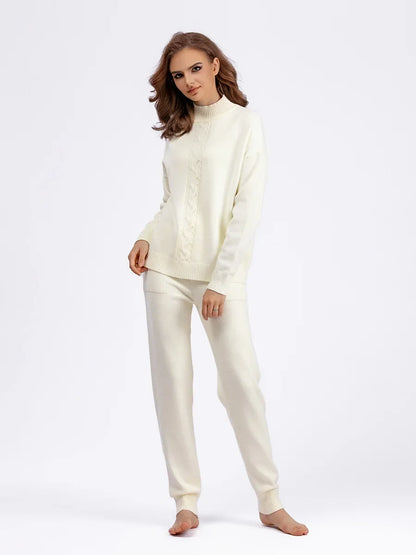 Fall Winter Sweater 2 Piece Sets Women Casual Half Turtleneck Knit Pullover Tops Conjuntos High Waist Harem Pants Suits
