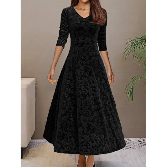Elegant Velvet Midi Dress – Round Neck Long Sleeve Knee-Length Dress