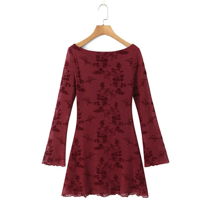 Luxury Wine Red Flocked Flower Mesh Mini Dress